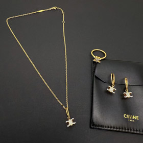 Celine Gold Arc de Triomphe Voll Diamant Logo Halskette Ohrringe-3736  