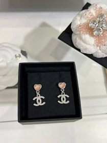 Chanel rosa kleines Herz Silber voll Diamant Doppel C Ohrringe-3747  