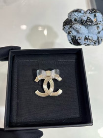 Chanel transparente Acryl Bogen Gold Doppel C Brosche-3751  